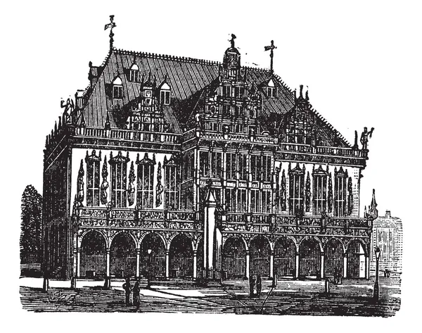 Casa del consejo o propiedad del consejo, Bremen, Alemania, grabado vintage — Vector de stock