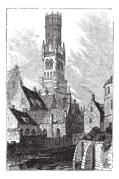市中心钟楼的布鲁日或 bellfort，布鲁日，比利时。复古 engravin — 图库矢量图片