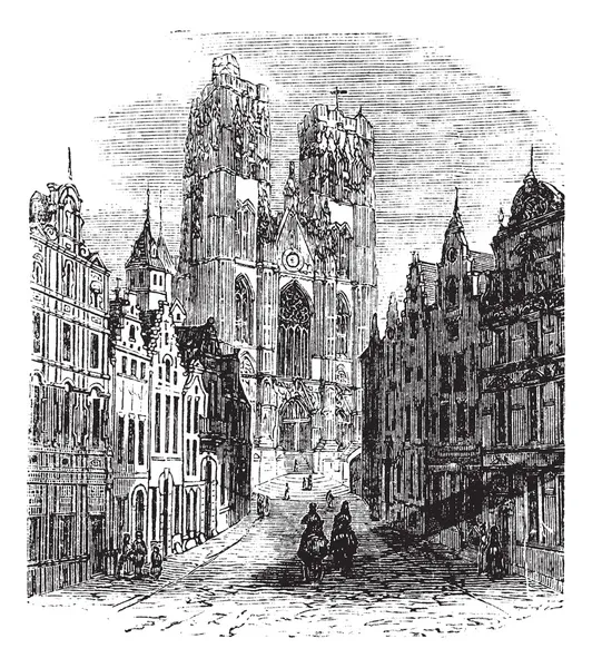 The Church Saint-Gudula of Brussels, Belgium. Vintage engraving. — Stock Vector