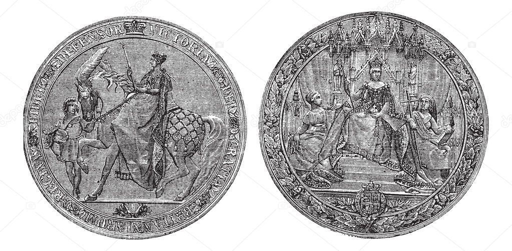 Great Seal of England by Queen Victoria vintage engraving.