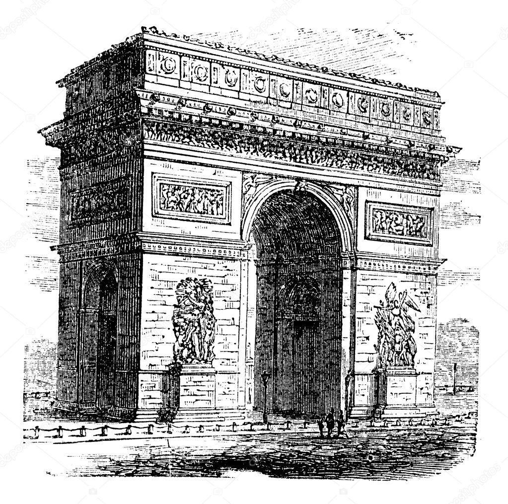 Triumphal Arch or Arc de Triomphe, Paris, France. Vintage engrav