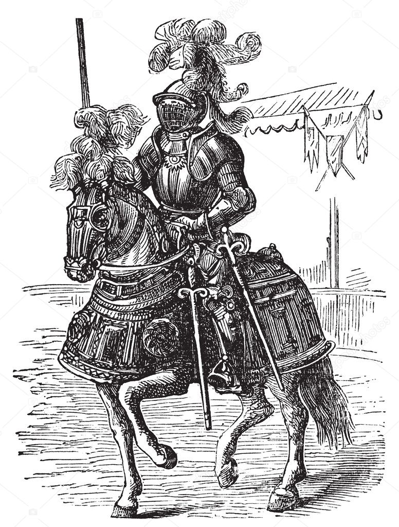 Ironclad full bodied armored horse and rider. Old engraving