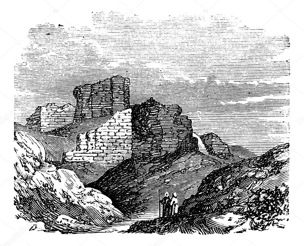 Ruins of the Main Palace in Babylonia vintage engraving.