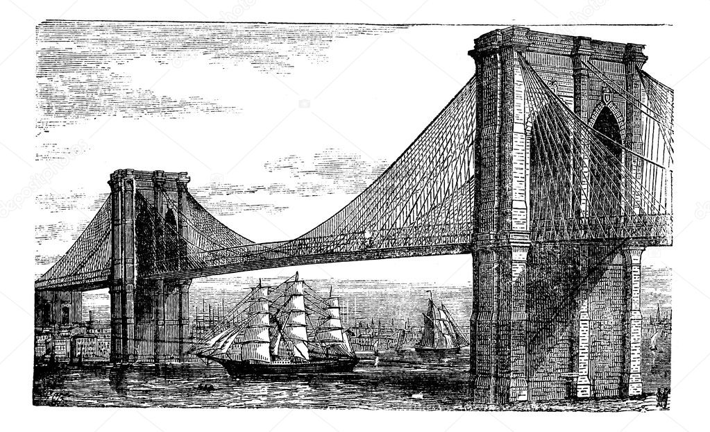 Illustration of Brooklyn Bridge and East River, New York, United