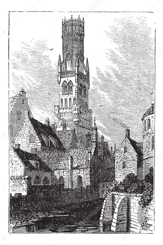 Belfry of Bruges, or Bellfort, Bruges, Belgium. Vintage engravin