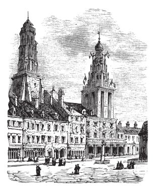 Calais city in France. City square, city hall and lighthouse vin clipart