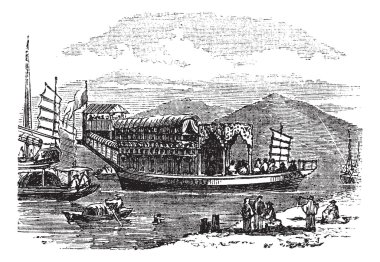 Flower boat, in Canton or Guangzhou, China vintage engraving clipart