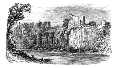 Chepstow Castle, in Monmouthshire, Wales, during the 1890s, vint clipart