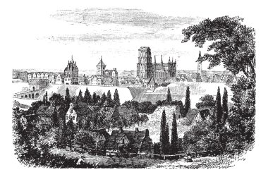 Gdansk in Pomerania, Poland, vintage engraving clipart