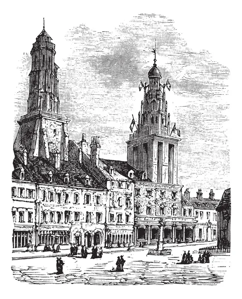 在法国的加来市。城市广场、 市政厅和灯塔 vin — 图库矢量图片