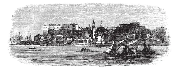Старий порт Ханья, Крит, Греція vintage гравіювання від на 189 — стоковий вектор