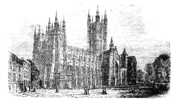 坎特伯雷大教堂，肯特，英格兰复古雕刻 — 图库矢量图片