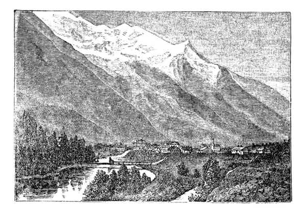 Mont blanc, κοντά chamouny et le mont blanc vintage Χαρακτική — Διανυσματικό Αρχείο