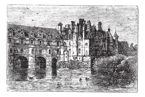 Vintage gravure van het kasteel van Chenonceau — Stockvector