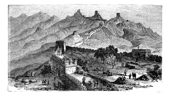 Μεγάλο Τείχος της Κίνας, κατά τη δεκαετία του 1890, vintage χάραξη — Διανυσματικό Αρχείο