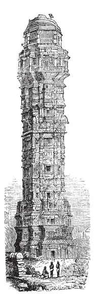 Tower of Victory in Chittorgarh, Rajahstan, India vintage engrav — Stock Vector