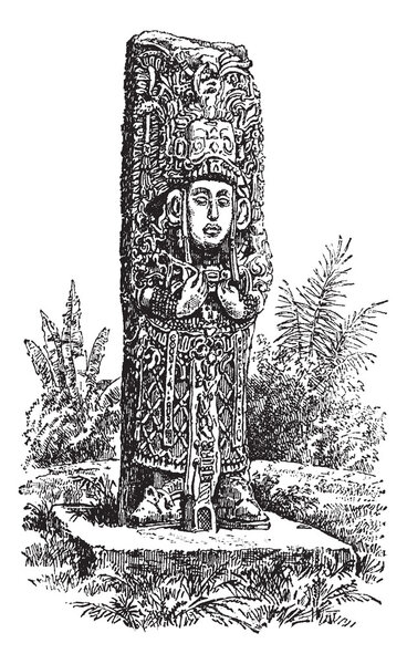 Copan Monolith in Honduras, vintage engraving