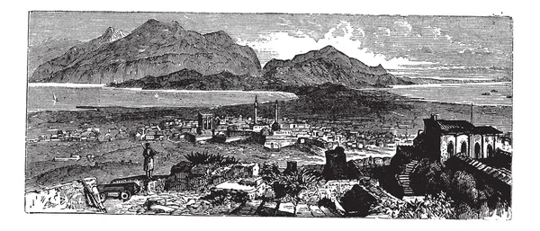 Acrocorinth à Corinthe, Grèce, gravure vintage — Image vectorielle