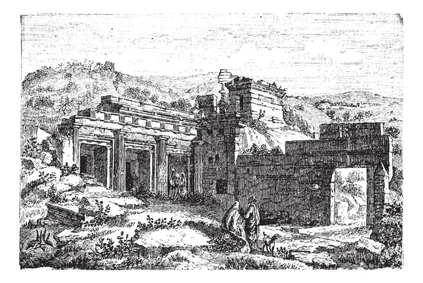 Ερείπια της Κυρήνης, στη shahhat, Λιβύη, vintage Χαρακτική — Διανυσματικό Αρχείο
