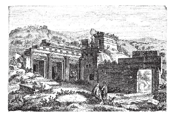 Ruins of Cyrene, in Shahhat, Libya, vintage engraving — Stock Vector