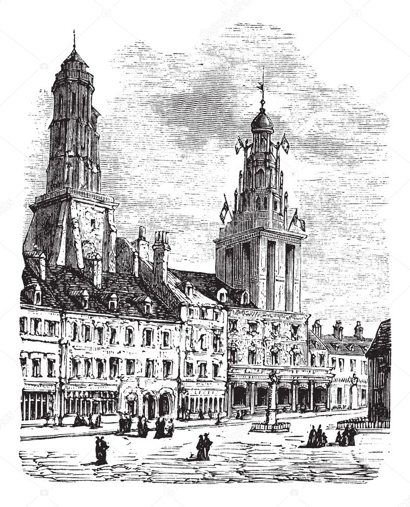 Calais city in France. City square, city hall and lighthouse vin