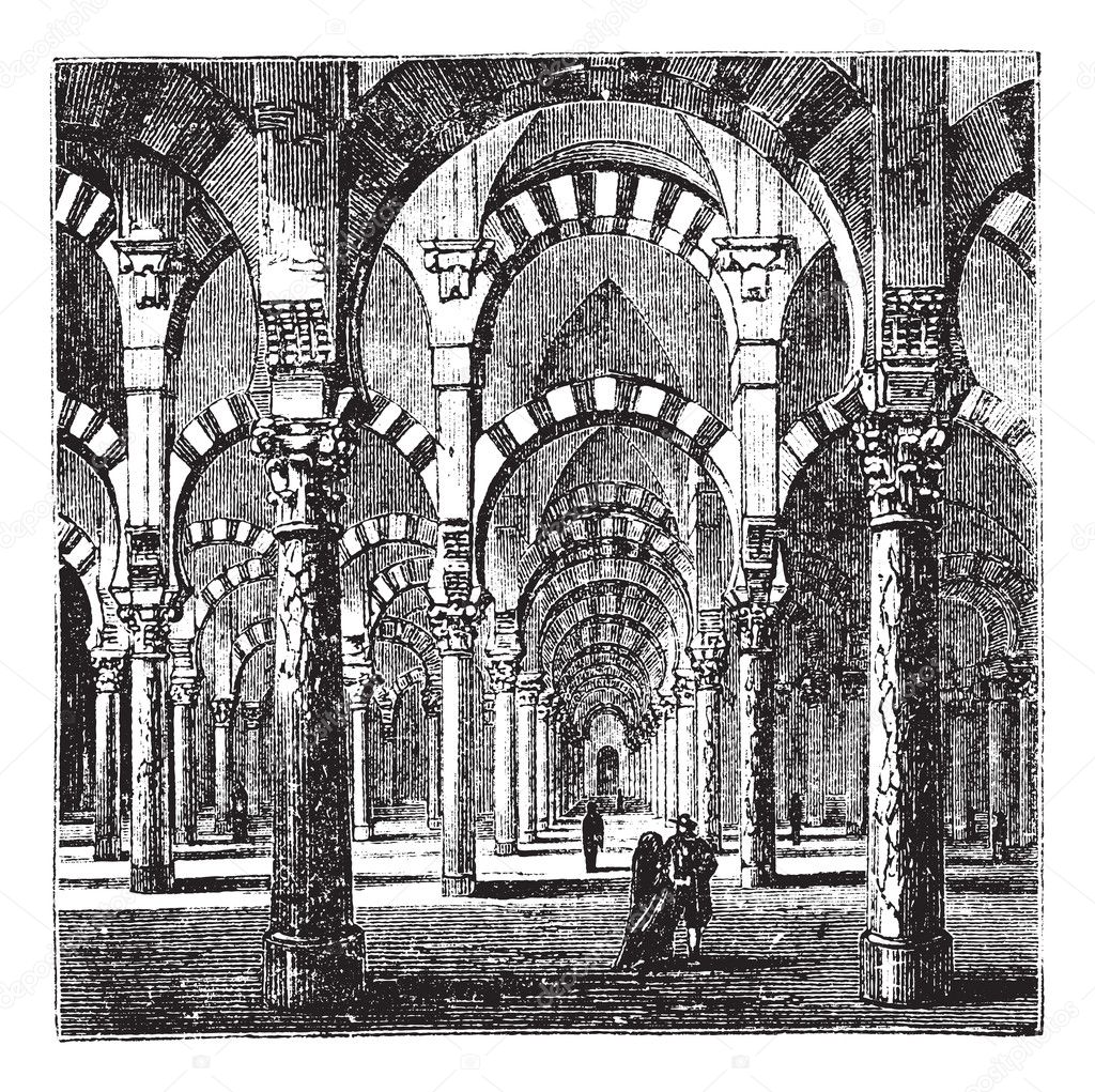 Cathedral-Mosque of Cordoba in Andalusia, Spain, vintage engravi