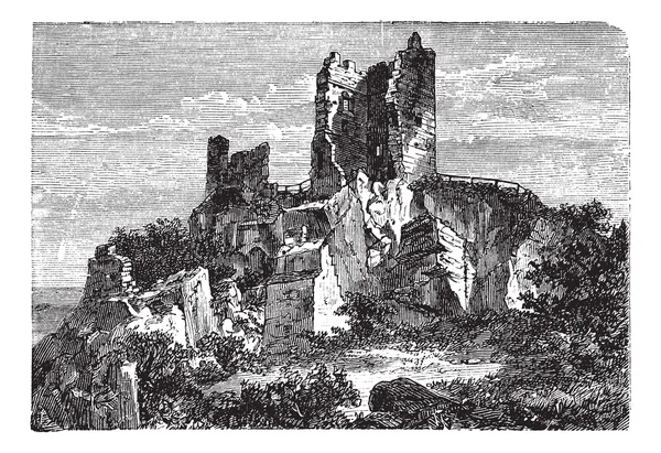 Reruntuhan Kastil Drachenfels di Rhineland-Palatinate, Jerman, Vin - Stok Vektor