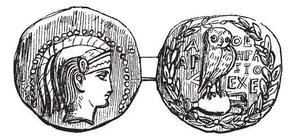 Tetradrachm d'Athènes ou pièce d'argent grecque, gravure vintage — Image vectorielle