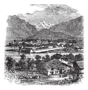 Interlaken and Jungfrau Switzerland vintage engraving clipart