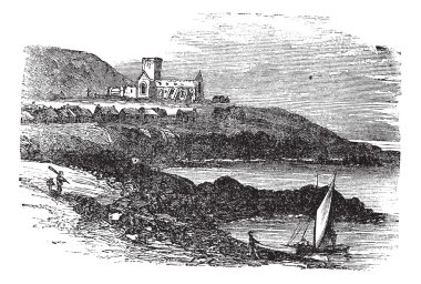 The ruins of St Mary's Abbey in Iona Scotland vintage engraving clipart