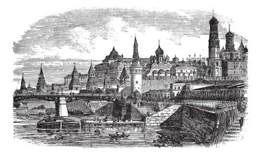 The Moscow Kremlin and river,Russia vintage engraving clipart