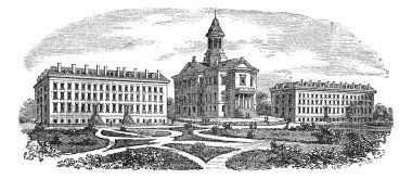 Bates College in Lewiston, Maine, vintage engraving clipart