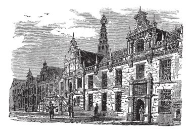 Leiden city hall, Netherlands, vintage engraving clipart