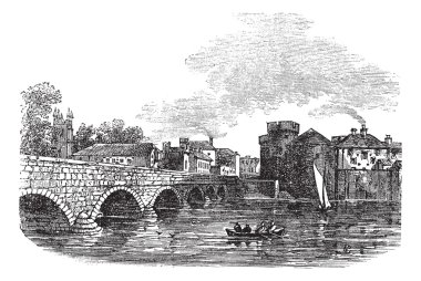 Thomond Bridge and King John's Castle, Limerick, Ireland vintage clipart