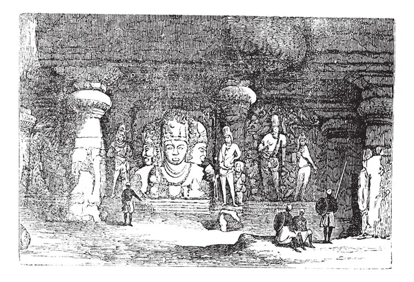 Elefantenhöhle in Maharashtra, Indien, Vintage Gravur — Stockvektor