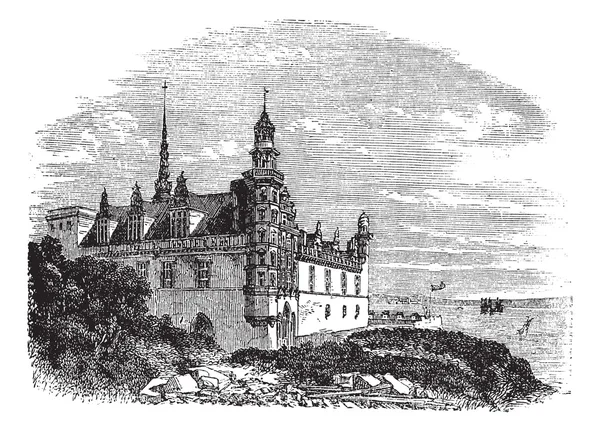 Castillo de Kronborg en Helsingor, Dinamarca, grabado vintage — Vector de stock