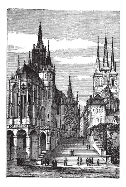 Catedral de Erfurt em Thuringia, Alemanha, gravura vintage — Vetor de Stock