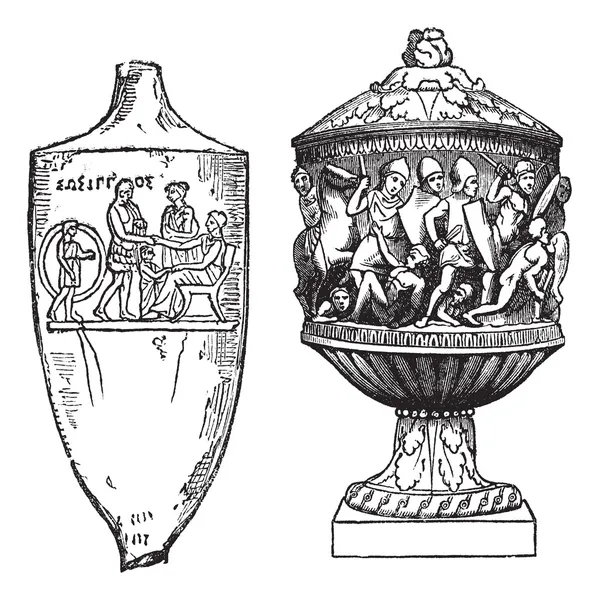 Grego e Romano, urnas gravura vintage — Vetor de Stock