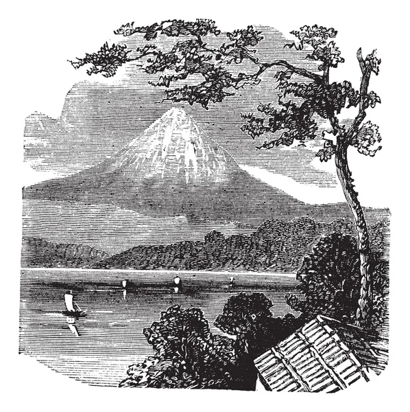 Monte Fuji en Japón grabado vintage — Vector de stock