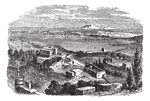 Zee van Galilea of stuwmeer van gennesaret in Israël vintage gravure — Stockvector