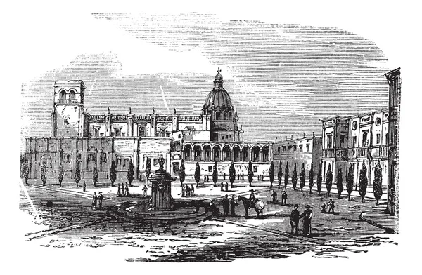 Edificio histórico de la catedral en Guadalajara, México vintage engra — Archivo Imágenes Vectoriales