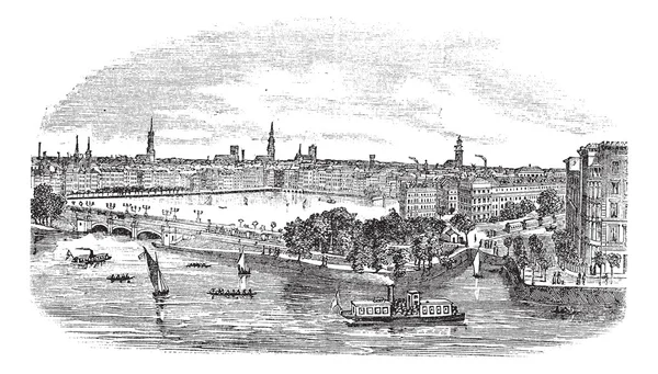 Canal et bâtiments à Hambourg, Allemagne gravure vintage — Image vectorielle