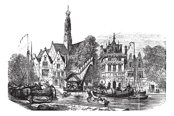 Mercado de granos y muelles de Saint-Bavochurch, en Haarlem, Países Bajos — Vector de stock