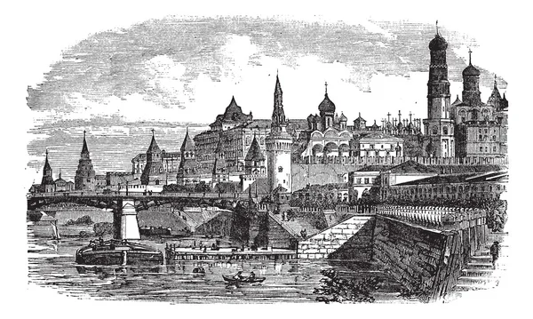 Het kremlin van Moskou en rivier, Rusland vintage gravure — Stockvector