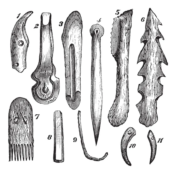 Bone implements, flint and wood, found in Moosseedorf vintage en — Stock Vector
