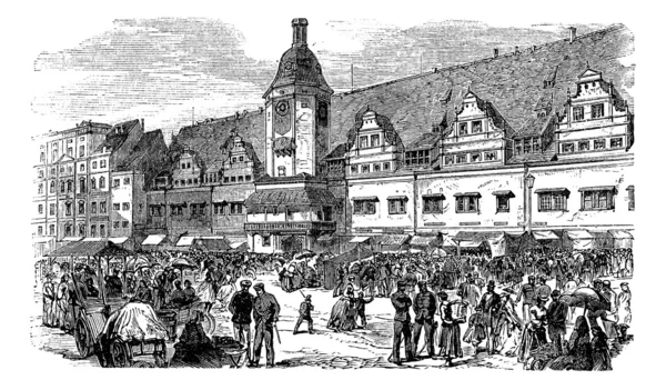 市政厅和市场地点在莱比锡，德国，复古 engravin — 图库矢量图片