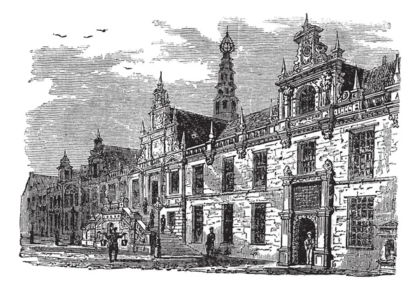 Leiden city hall, Nizozemsko, vintage gravírování — Stockový vektor