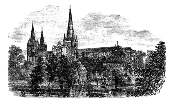 利奇菲尔德大教堂，利奇菲尔德、 斯塔福德郡，英格兰。葡萄酒 — 图库矢量图片