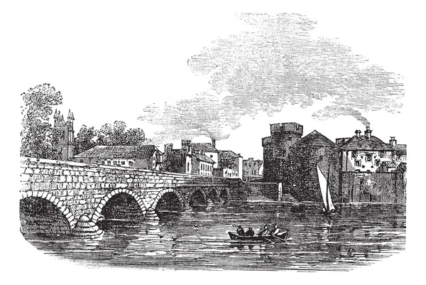 トモンド橋とキング ジョンズ城、リマリック、アイルランドのヴィンテージ — ストックベクタ