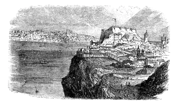 Лиссабон, вид с южного берега Тежу, винтажная гравировка — стоковый вектор
